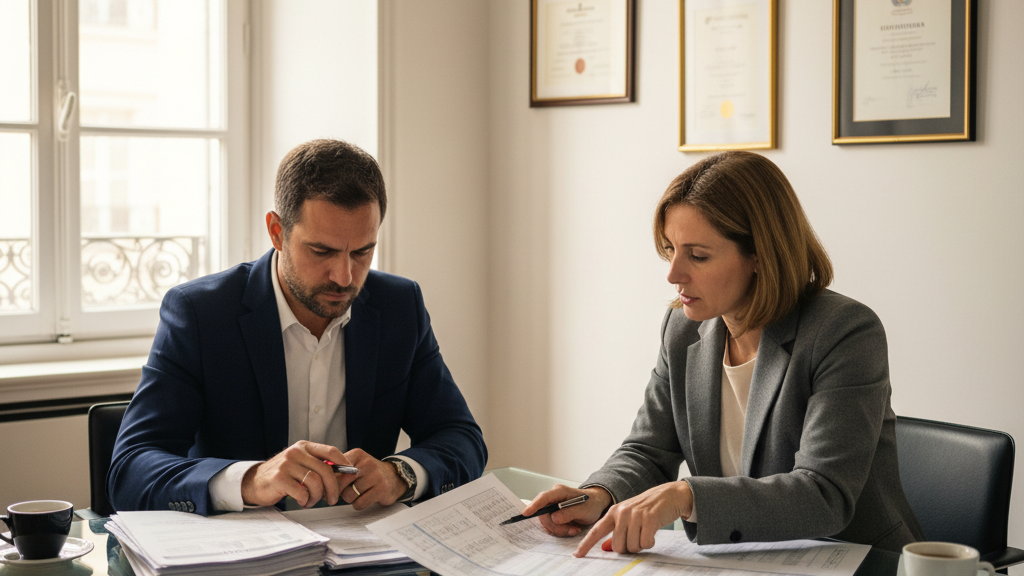 Reunion entre un avocat fiscaliste et des dirigeants d'entreprise en salle de conference