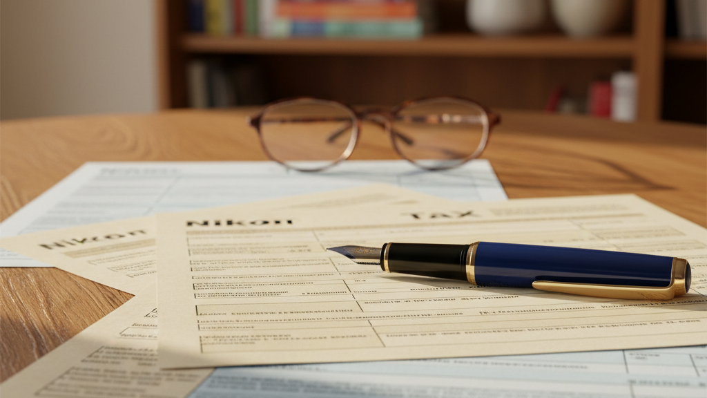 Documents fiscaux, formulaires et calculatrice sur un bureau professionnel