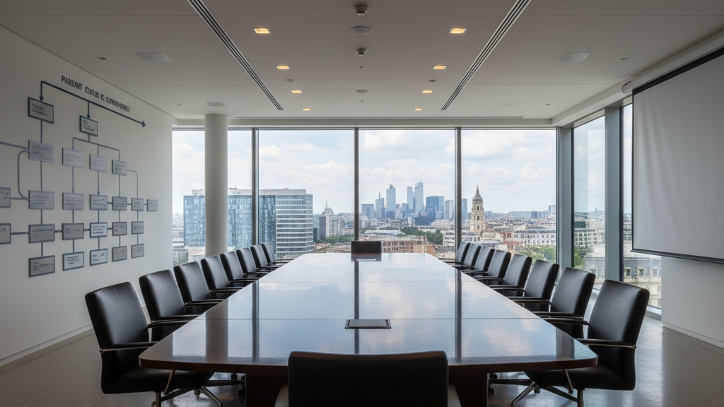 Organigramme de holding sur tableau blanc en salle de réunion