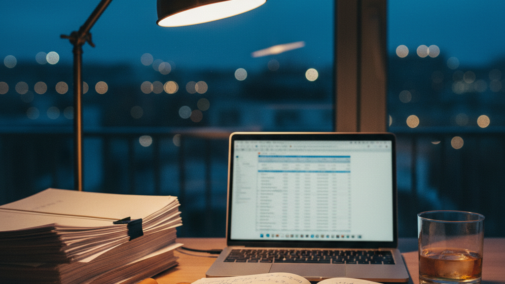 Calculatrice et documents fiscaux sur un bureau en bois