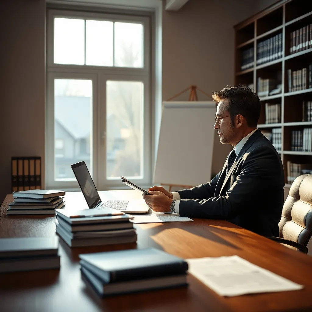 Un avocat fiscaliste analyse les documents fiscaux d'un client dans son cabinet marseillais