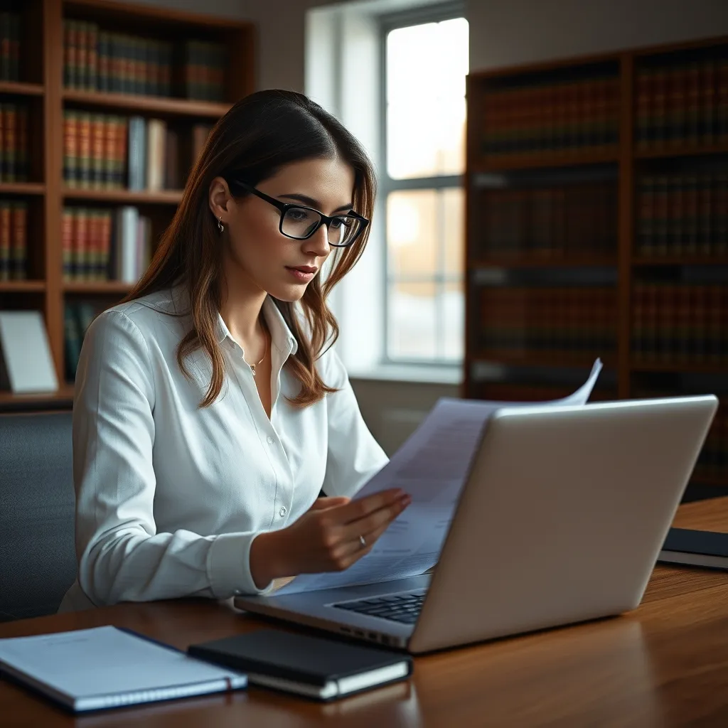 Une avocate fiscaliste analyse un dossier fiscal dans son cabinet niçois