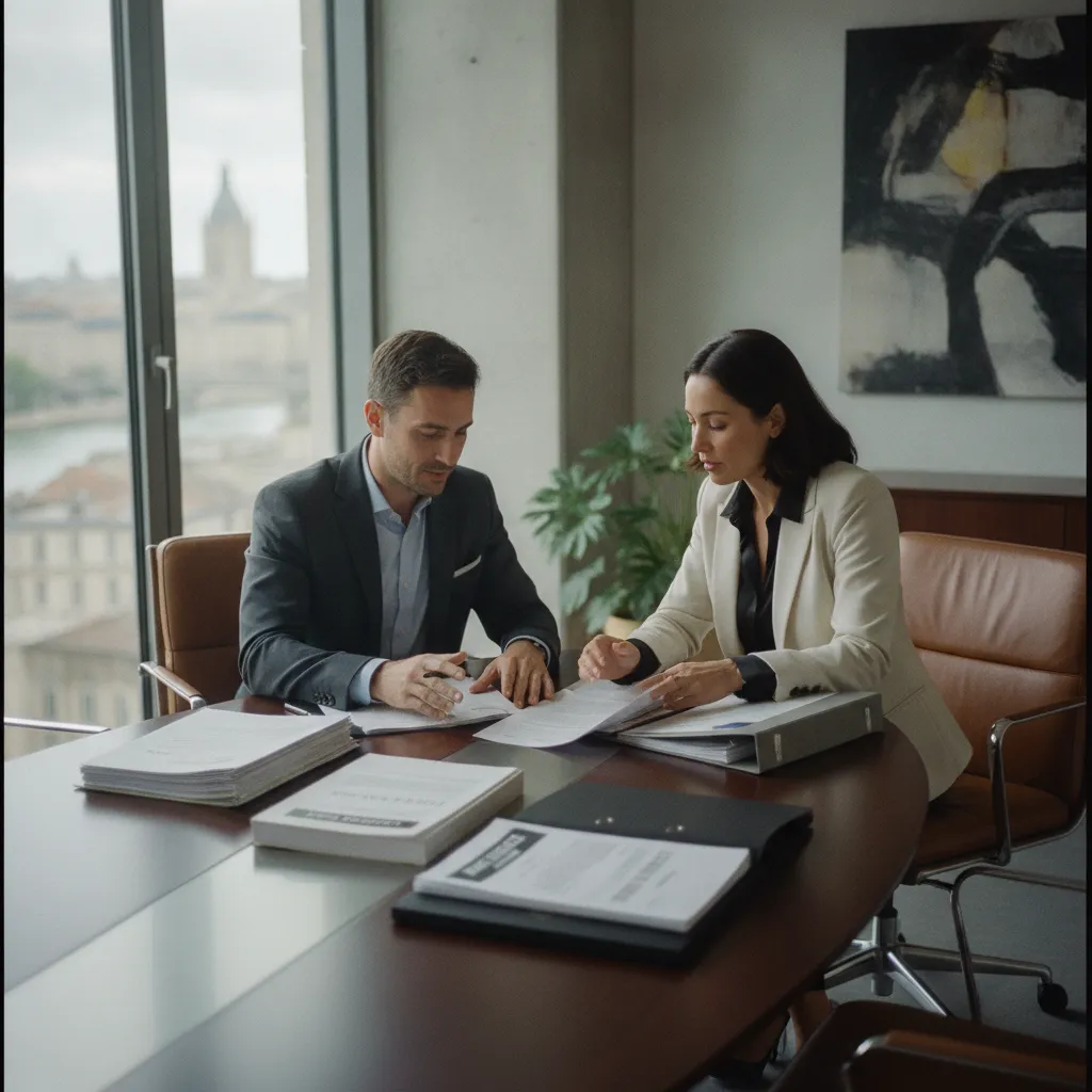Consultation entre un avocat d'affaires et un dirigeant d'entreprise à Bordeaux