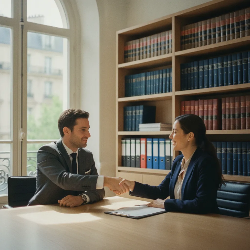 Un avocat et son client lors d'une consultation en droit des sociétés à Paris