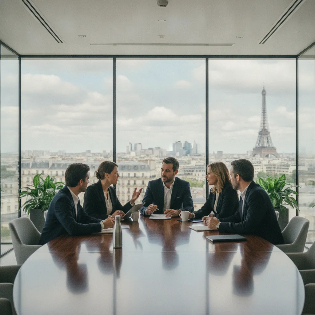 Réunion entre associés et avocats dans un cabinet d'affaires parisien