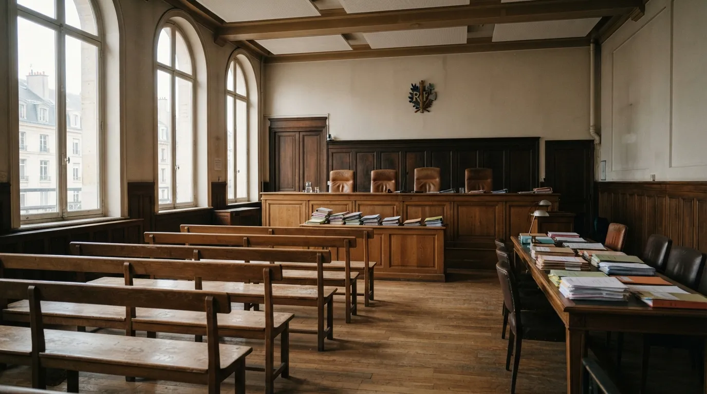 Salle d'audience d'un conseil de prud'hommes avant l'ouverture de la séance